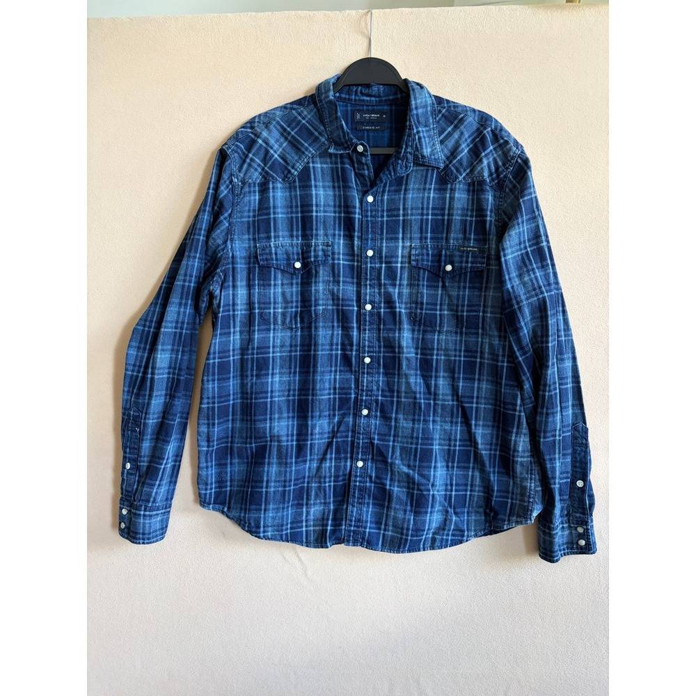 Lucky Brand Mens XL Blue Plaid Western Pearl Snap Long Sleeve Shirt Classic Fit